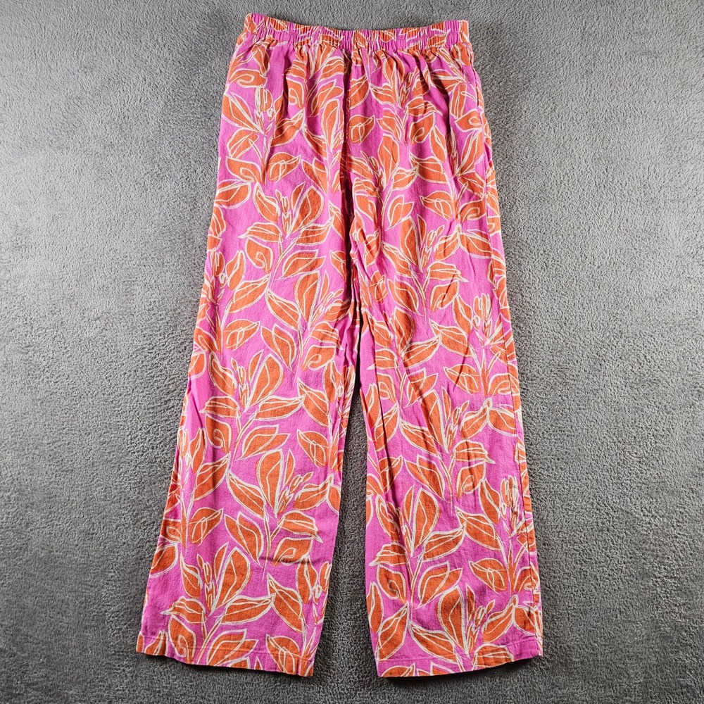 Sincerely Jules Pink Orange Tropical Leaf Print Linen Blend Wide Leg Pants 12 - Picture 2 of 9